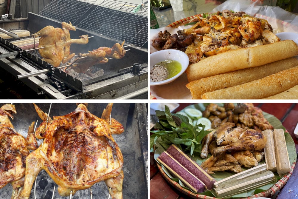 Gà nướng vàng giòn thơm phức, thịt mềm ngọt thấm vị, ăn kèm cơm lam dẻo thơm